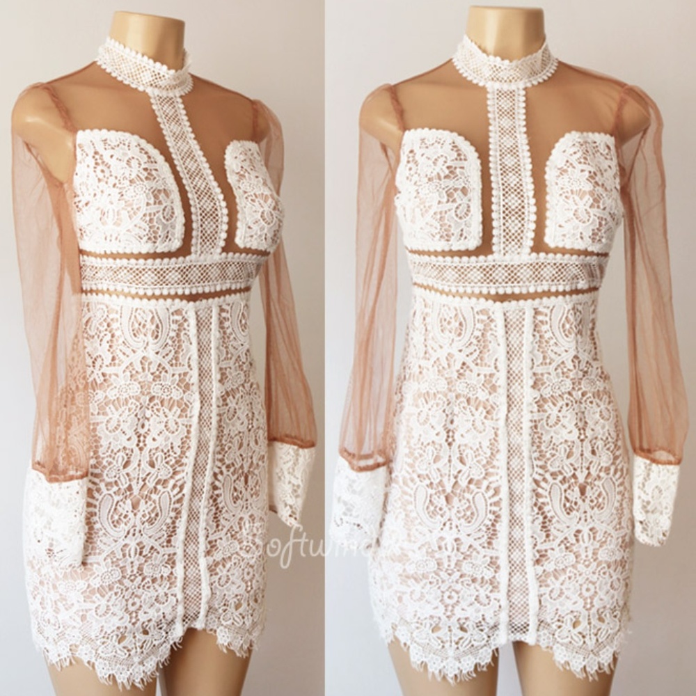 Ivory Nude Crochet Lace Mock Illusion Sheath Dress - Picture 2 of 8